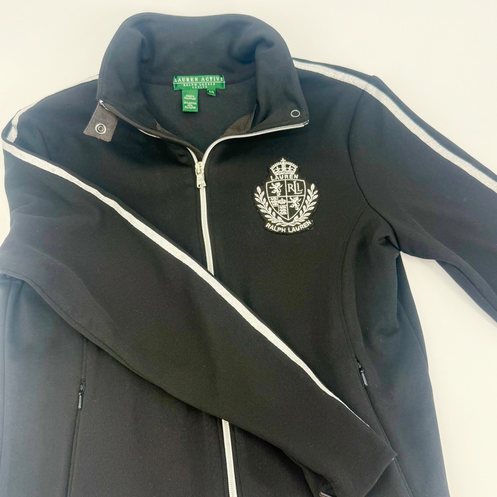 Lauren Active Ralph Lauren Black‎ Crest Zip Up Track Jacket Petite Small P/S